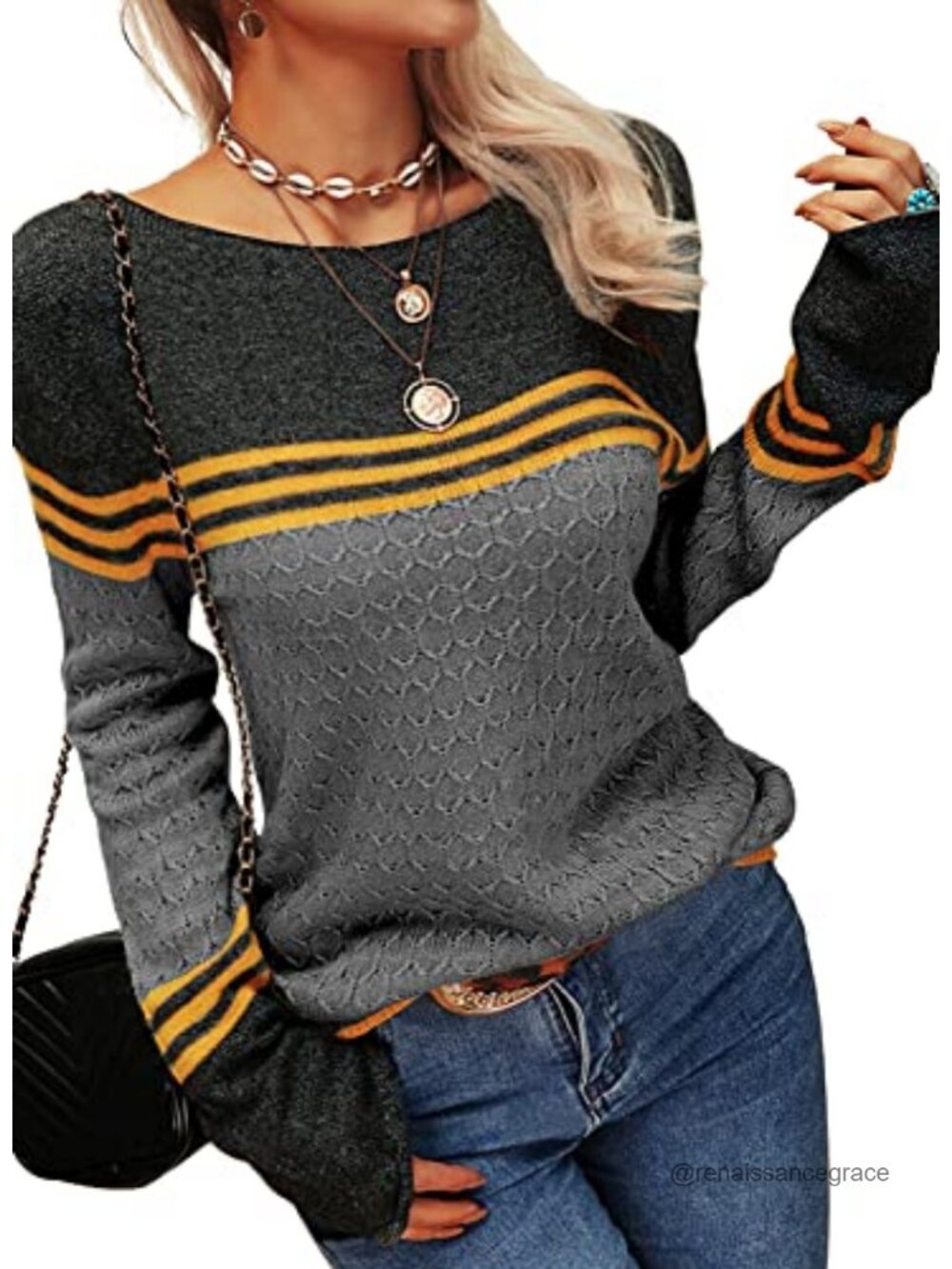 Women's Lightweight Colorblock Striped Crewneck Pullover Sweater Fall Fashion